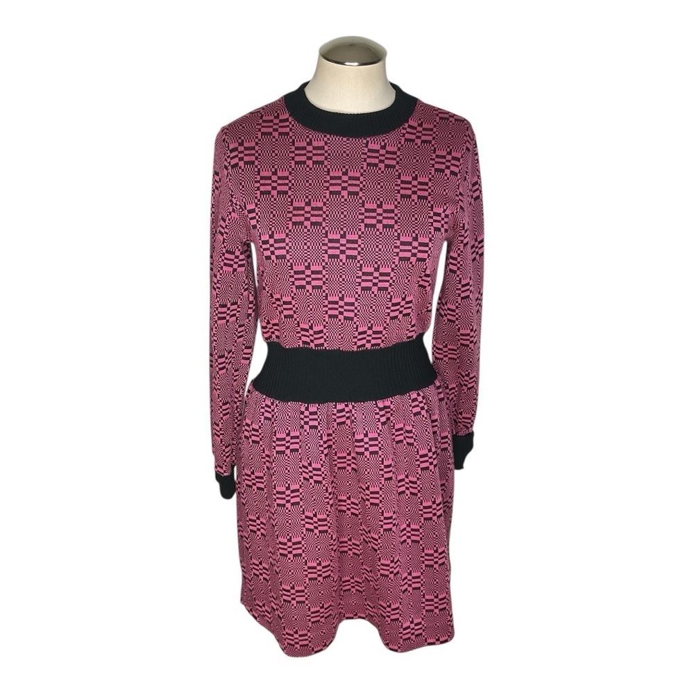 Vintage Pink Black Geometric Knit Long Sleeve Fit & Flare Sweater Dress - Picture 2 of 4